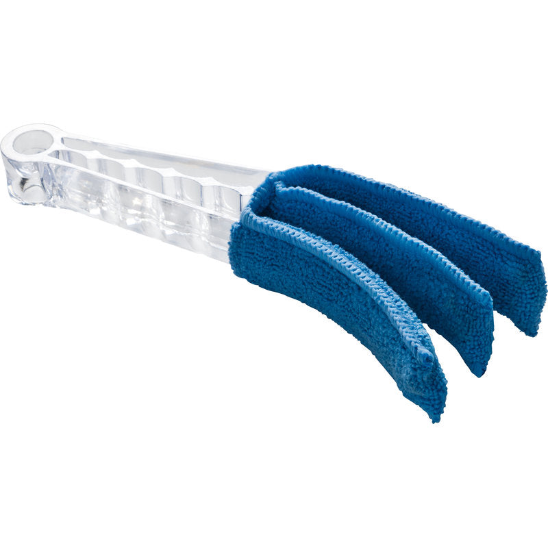 The BLIND CLEANER, MICROFIBER HANDLE FORK SHAPE (235x40x93mm) from Haug Bürsten KG is equipped with a microfiber handle and three blue prongs, making it ideal for cleaning blinds or vents.