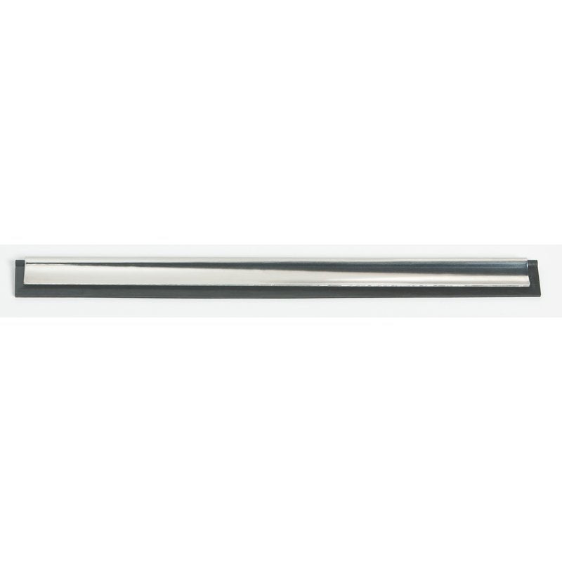 The Haug Bürsten KG WINDOW WIPER RAIL, 250MM, STAINLESS STEEL, RUBBER, FOR #8500 has a stainless steel body with a black rubber edge and lies horizontally on a white background - perfect for streak-free cleaning.