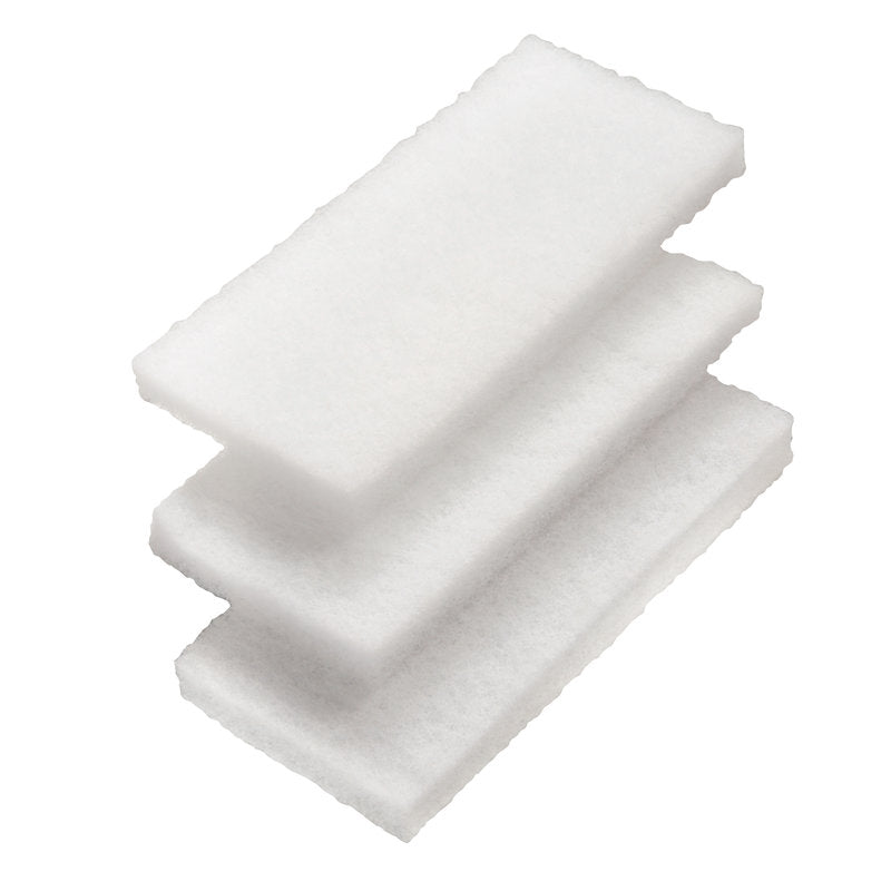 Three rectangular white SCOURING FLEECE PADS (set of 3, soft, 260x120x25mm, F.#8616+17) from Haug Bürsten KG are stacked offset. The pads have a rough surface and uneven edges - ideal for household cleaning.