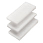 Three rectangular white SCOURING FLEECE PADS (set of 3, soft, 260x120x25mm, F.#8616+17) from Haug Bürsten KG are stacked offset. The pads have a rough surface and uneven edges - ideal for household cleaning.