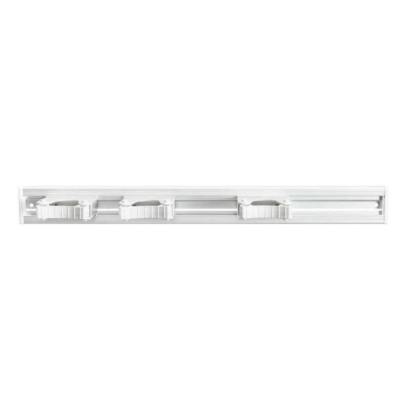 The Haug Bürsten KG ALU DEVICE STRIP, 3 handle holders, 510x55mm is a white, wall-mounted storage shelf with three adjustable slots and visible mounting holes, ideal for organizing cleaning tools like brooms and mops.