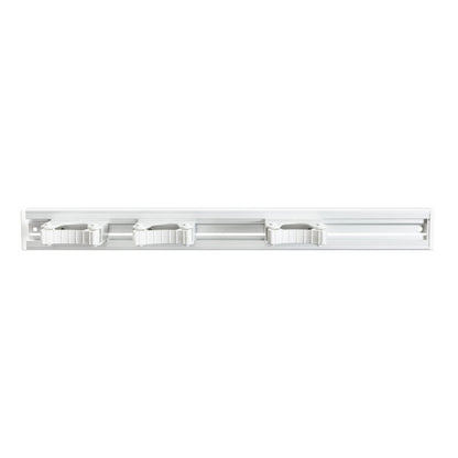 The Haug Bürsten KG ALU DEVICE STRIP, 3 handle holders, 510x55mm is a white, wall-mounted storage shelf with three adjustable slots and visible mounting holes, ideal for organizing cleaning tools like brooms and mops.