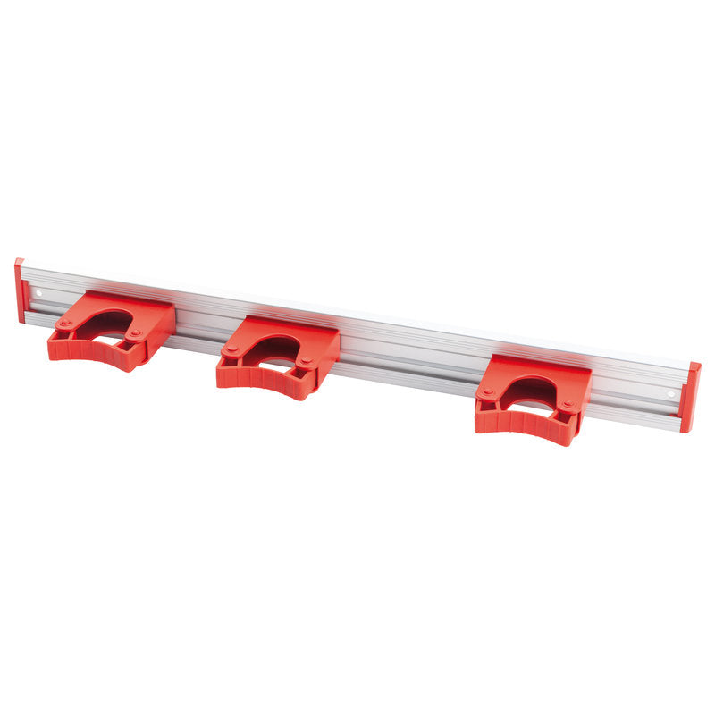The Haug Bürsten KG ALU DEVICE STRIP, 3 HANDLE HOLDERS (510x55mm), features a silver aluminum rail with three red holders - ideal for organizing brooms and mops and keeping things tidy.