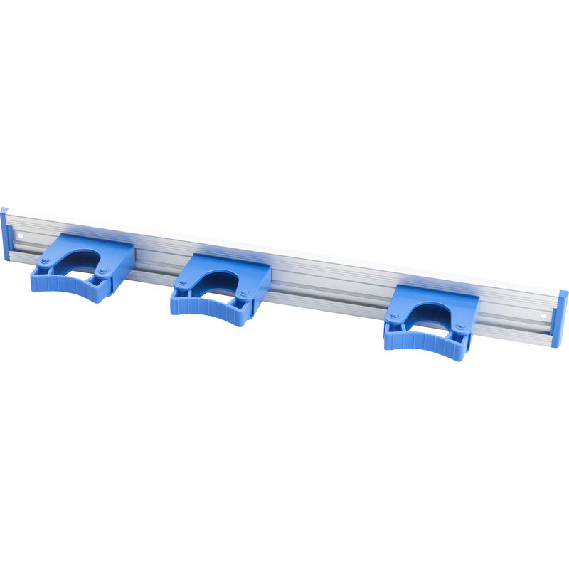 The Haug Bürsten KG ALU DEVICE STRIP (510x55mm) features three evenly distributed blue plastic holders, ideal for organizing tools or cleaning equipment on the wall.