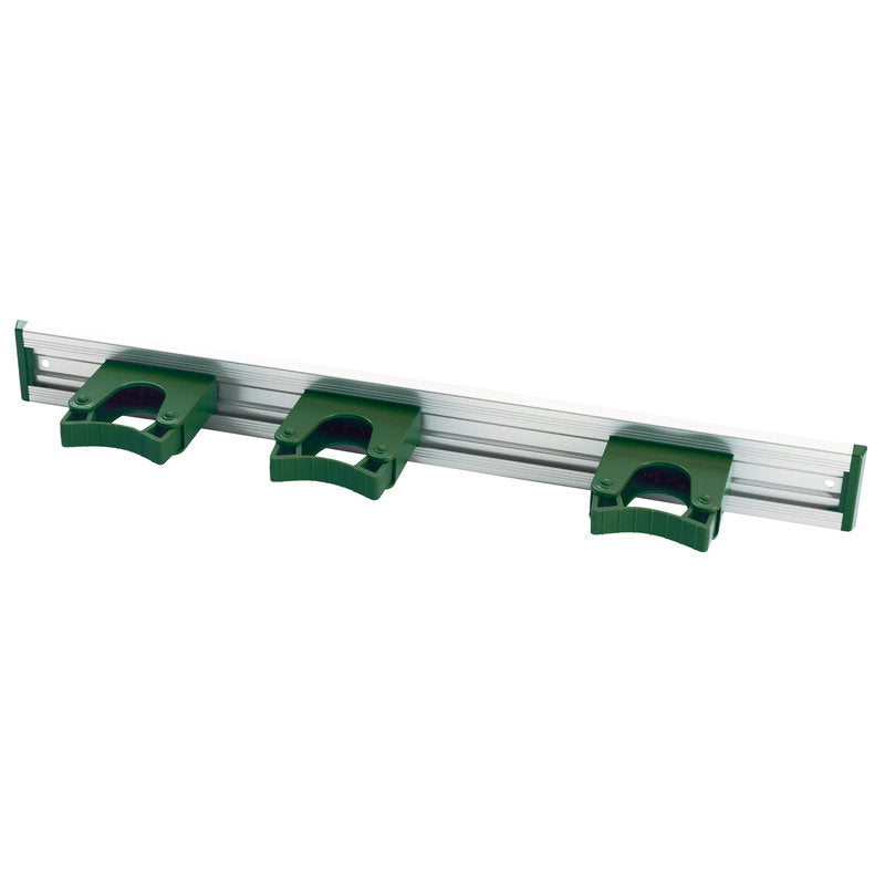 The Haug Bürsten KG ALU DEVICE STRIP, 3 HANDLE HOLDERS, 510x55mm is a wall mount with three green plastic holders for storing brooms, mops, or cleaning equipment.