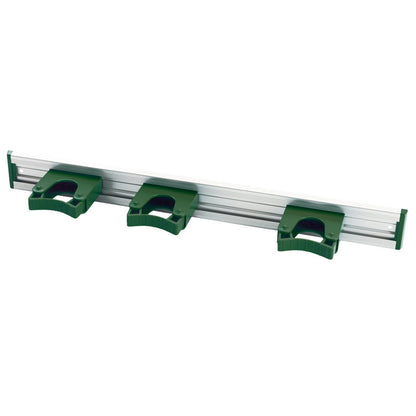 The Haug Bürsten KG ALU DEVICE STRIP, 3 HANDLE HOLDERS, 510x55mm is a wall mount with three green plastic holders for storing brooms, mops, or cleaning equipment.