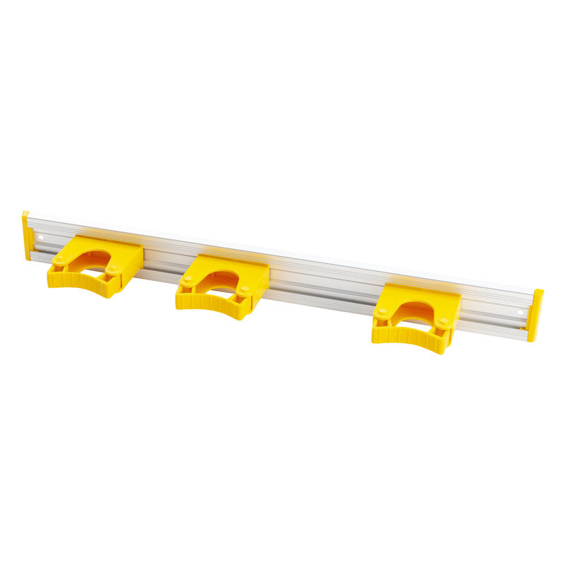 The Haug Bürsten KG ALU DEVICE STRIP, 3 HANDLE HOLDERS (510x55mm) is a wall-mounted aluminum rail with three yellow clips for hanging items like brooms or mops.