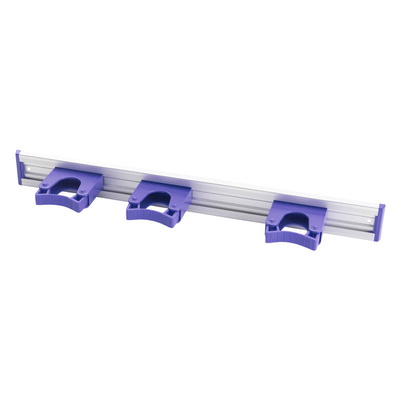 The Haug Bürsten KG ALU DEVICE STRIP (510x55mm) features 3 evenly distributed purple plastic handle holders for holding tools like brooms or mops, mounted on a sturdy aluminum bar.