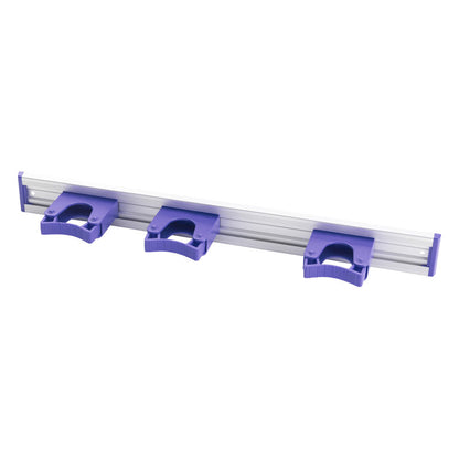 The Haug Bürsten KG ALU DEVICE STRIP (510x55mm) features 3 evenly distributed purple plastic handle holders for holding tools like brooms or mops, mounted on a sturdy aluminum bar.