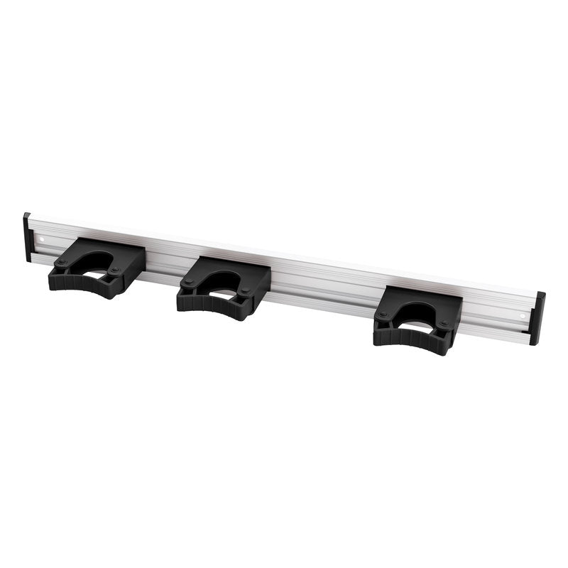 The Haug Bürsten KG ALU DEVICE STRIP, 3 HANDLE HOLDERS, 510x55mm is a wall-mounted organizer with three black plastic holders for practical storage of tools or equipment.