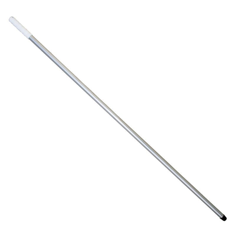 The ALUSTIEL mop handle from Haug Bürsten KG is 1400mm long, made of silver aluminum (ø 22mm, wall thickness 1mm), with a white plastic handle on one side and a black tip on the other side, depicted on a plain white background.