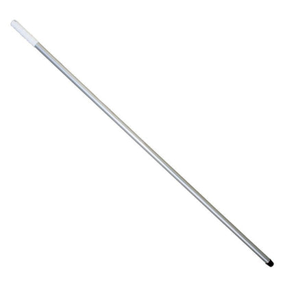 The ALUSTIEL mop handle from Haug Bürsten KG is 1400mm long, made of silver aluminum (ø 22mm, wall thickness 1mm), with a white plastic handle on one side and a black tip on the other side, depicted on a plain white background.