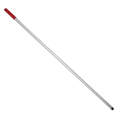 The 1400 mm long handle of the Haug Bürsten KG ALUSTIEL with an outer diameter of 22 mm and a wall thickness of 1 mm has a red plastic handle and a black cap; it is depicted diagonally on a white background.