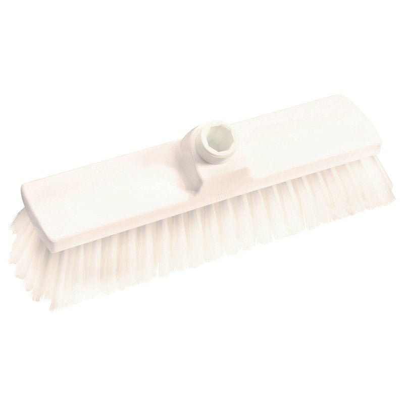 The BROOM, PBT SOFT 300X70X50MM, SLIT from Haug Bürsten KG features a white, rectangular scrubbing head with slit bristles and a central handle hole. The soft, slit bristles are ideal for gentle cleaning of sensitive surfaces.