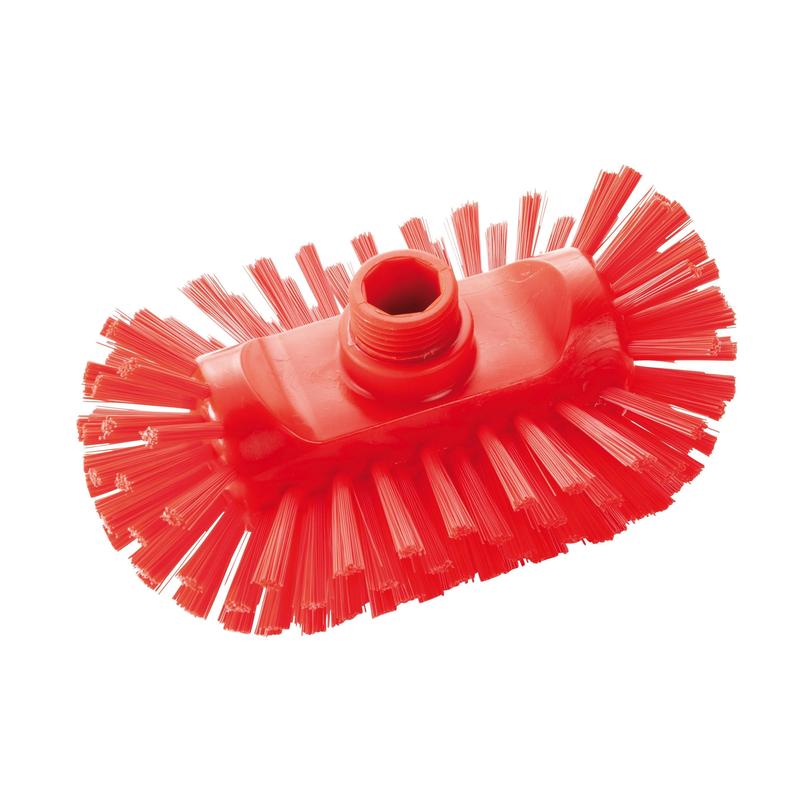 The Haug kettle brush PBT Hard 200x125x105 mm from Haug Bürsten KG has stiff plastic bristles, a central threaded hole for handle attachment and is HACCP suitable. Here pictured in red with a uniform bristle pattern on a white background.