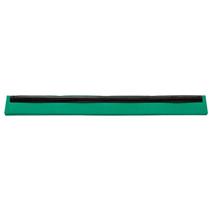 Depicted is a green rectangular base from Haug Bürsten KG with a long, narrow black REPLACEMENT RUBBER LIP, 1-lipped, food grade, 625x20x22 for sealing against a white background.