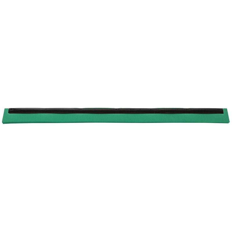The Haug Bürsten KG REPLACEMENT RUBBER LIP, 2-LIPPED FOOD GRADE, 620X20X22 is a green, rectangular draft stopper with a black, 2-lipped replacement rubber strip on the top, designed to block drafts under doors.