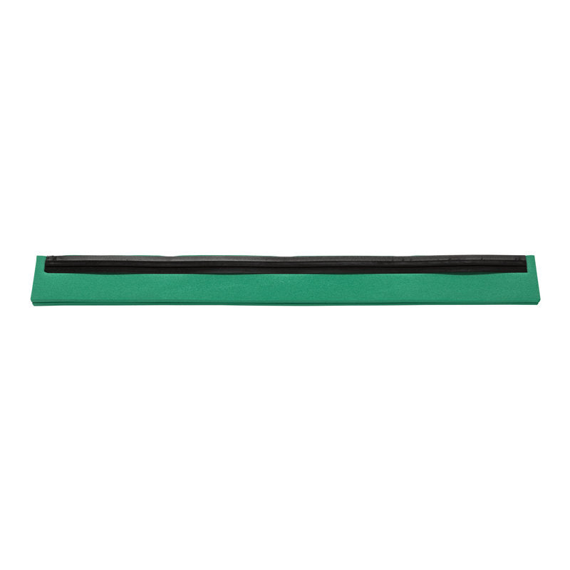 A green rectangular magnetic whiteboard eraser with a black felt surface, as used in the products of Haug Bürsten KG REPLACEMENT RUBBER LIP, 2-LIPPED, 420X20X22MM, is depicted on a white background.