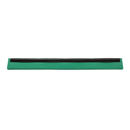 A green rectangular magnetic whiteboard eraser with a black felt surface, as used in the products of Haug Bürsten KG REPLACEMENT RUBBER LIP, 2-LIPPED, 420X20X22MM, is depicted on a white background.