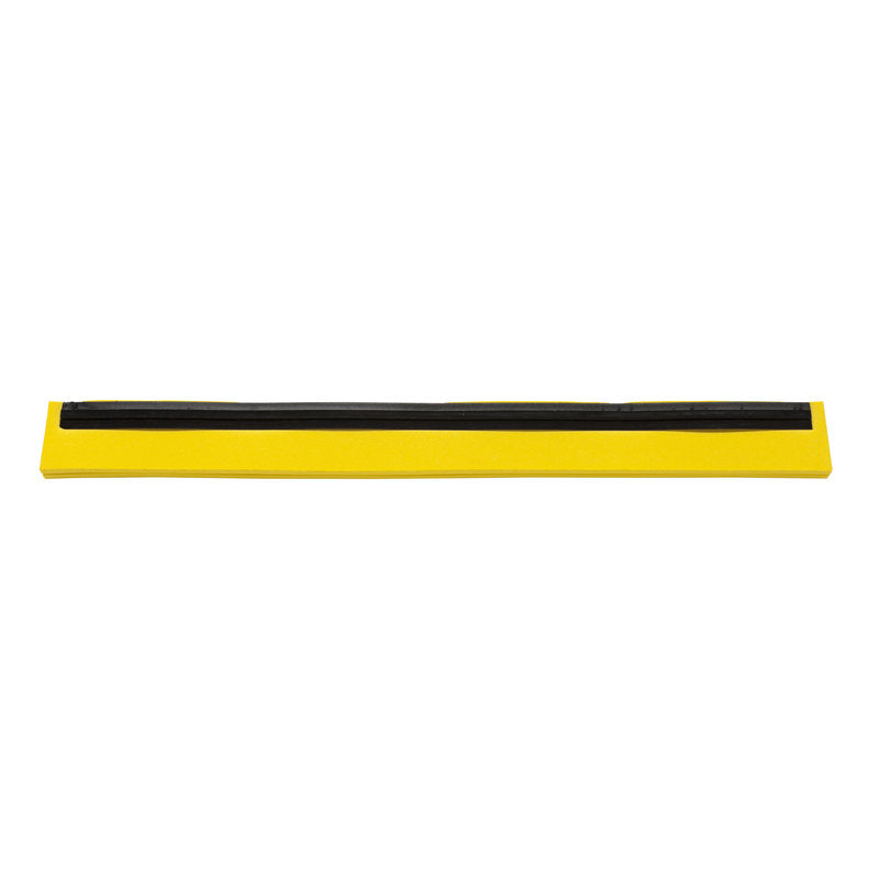 The Haug Bürsten KG REPLACEMENT RUBBER LIP, 2-LIPPED, 420X20X22MM is a yellow, rectangular wiper blade with a black double lip, ideal for floor cleaning machines, depicted on a white background.