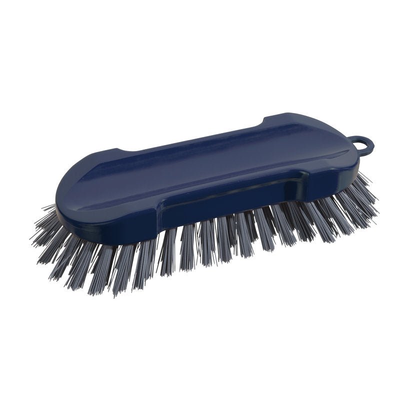A METDEC PREM. ROUND WASH BRUSH from Haug Bürsten KG made of stiff, densely packed PBT bristles in gray and blue with a plastic handle (205x65x30mm) is photographed on a white background.