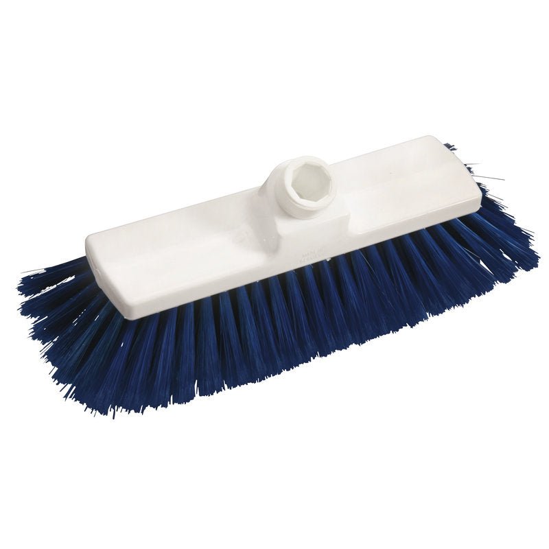 The TANK WALL WASHING BRUSH WITH WATER FLOW, ø 0.25MM SOFT from Haug Bürsten KG is a white, rectangular brush head with dense, soft blue bristles and a central threaded hole, ideal for tank cleaning.