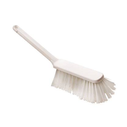 The HAND BROOM from Haug Bürsten KG is a white plastic cleaning brush with soft, PBT-slit ø 0.25mm bristles and dimensions of 310x40x50mm. It features a long handle with a hanging hole and densely packed, outward-angled bristles for effective cleaning.
