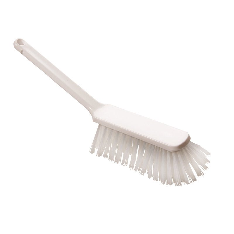 A white plastic HAND BRUSH, PBT, ø 0.50MM HARD, 310x40x45MM from Haug Bürsten KG with a long handle and stiff bristles, isolated on a plain white background.