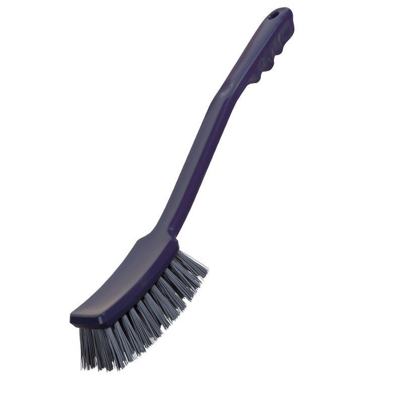 The METDEC PREM. HANDLE BRUSH from Haug Bürsten KG features gray-blue PBT bristles, a long handle measuring 400x48x35 mm with a curved, textured grip for effective cleaning, depicted on a white background.