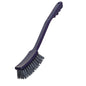 The METDEC PREM. HANDLE BRUSH from Haug Bürsten KG features gray-blue PBT bristles, a long handle measuring 400x48x35 mm with a curved, textured grip for effective cleaning, depicted on a white background.