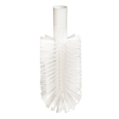 Die ROHRBÜRSTE, PBT TRANSPARENT ø0,50MM, MIT ADAPTER von Haug Bürsten KG ist eine weiße zylindrische Bürste mit steifen, abgewinkelten, transparenten PBT-Borsten und einem hohlen Kunststoffgriff, abgebildet auf einem schlichten weißen Hintergrund.