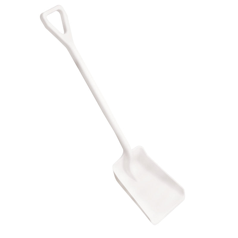 Die SCHAUFEL KLEIN, EINTEILIG, PP (355x255x1050mm) von Haug Bürsten KG ist eine weiße Polypropylen-Schaufel mit rechteckigem Blatt und D-förmigem Stiel, die auf einem schlichten weißen Hintergrund dargestellt ist.