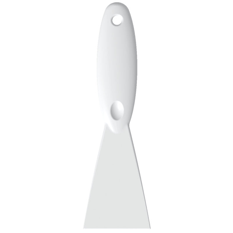 The Haug Bürsten KG SPATULA, PP, 250x75x18MM is a white polypropylene tool with a flat, wide 250x75x18mm blade and an oval hole in the handle, depicted on a plain background.