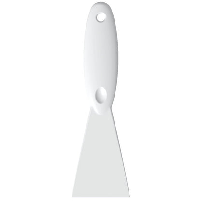 The Haug Bürsten KG SPATULA, PP, 250x75x18MM is a white polypropylene tool with a flat, wide 250x75x18mm blade and an oval hole in the handle, depicted on a plain background.