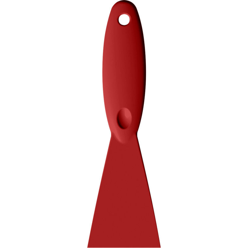 The Haug Bürsten KG SPATULA, PP, 250x75x18MM is a red plastic spatula with a wide flat blade, rounded handle, hanging hole, and is made of durable polypropylene.