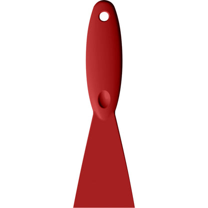 The Haug Bürsten KG SPATULA, PP, 250x75x18MM is a red plastic spatula with a wide flat blade, rounded handle, hanging hole, and is made of durable polypropylene.