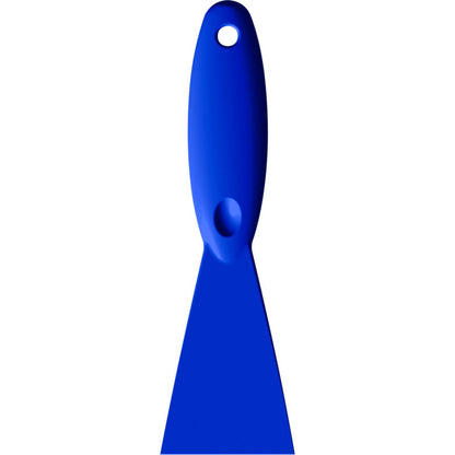 A Haug Bürsten KG SPATULA, PP, 250x75x18MM blue spatula with a wide, flat blade and a hole in the handle is shown from above on a white background.