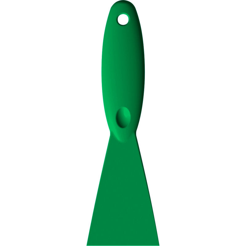 The Haug Bürsten KG SPATULA, PP, 250x75X18MM is a green polypropylene scraper with a hole in the handle and a flat, wide blade depicted on a white background.