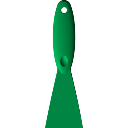 The Haug Bürsten KG SPATULA, PP, 250x75X18MM is a green polypropylene scraper with a hole in the handle and a flat, wide blade depicted on a white background.