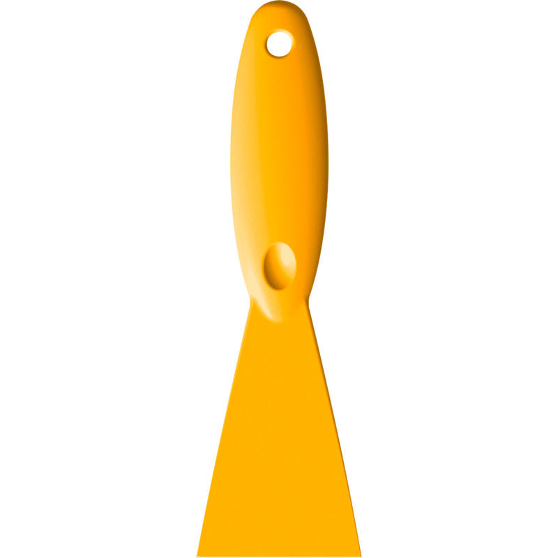 The Haug Bürsten KG SPATULA, PP, 250x75X18MM is a yellow polypropylene tool with a wide, flat blade of 250x75x18mm and a handle with a hole for hanging.