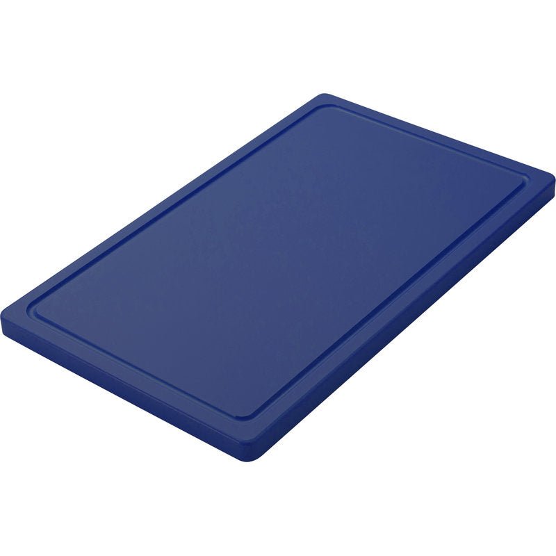 A solid blue Haug Bürsten KG SMALL CUTTING BOARD (PE, non-slip, 500x300x20mm) with a raised edge and non-slip surface, shown against a white background.