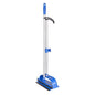 The blue-silver Haug Bürsten KG rubber squeegee (KEHRG.M.LANGEM ALU-STIEL) with a long aluminum handle, curved grip, and rubber blade stands upright - ideal for cleaning floors and surfaces. Includes 350x16x squeegee and waste holder.