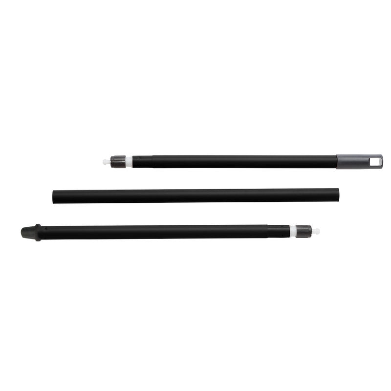 Three IN-UP BROOMSTICK 3-PIECE, 1300MM, ø21MM black steel segments of Haug Bürsten KG with metallic and plastic ends are arranged horizontally on a white background, each with different connections.