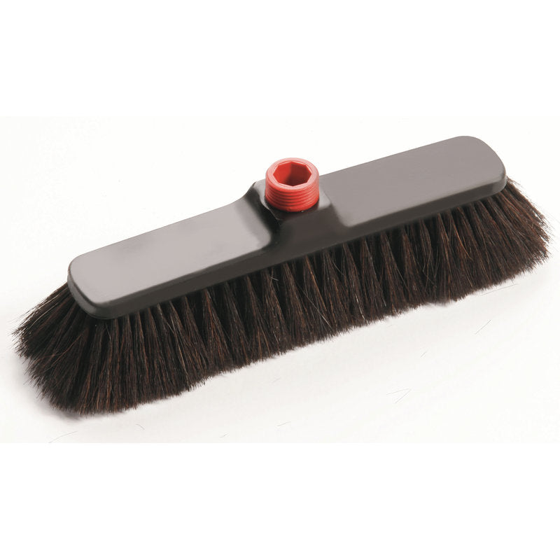 The broom head IN-UP BROOM, HORSEHAIR/POLYESTER 290x45x57mm from Haug Bürsten KG has dense dark bristles and a red threaded hole for handle attachment, perfect for efficient cleaning. Pack of 10 pieces.