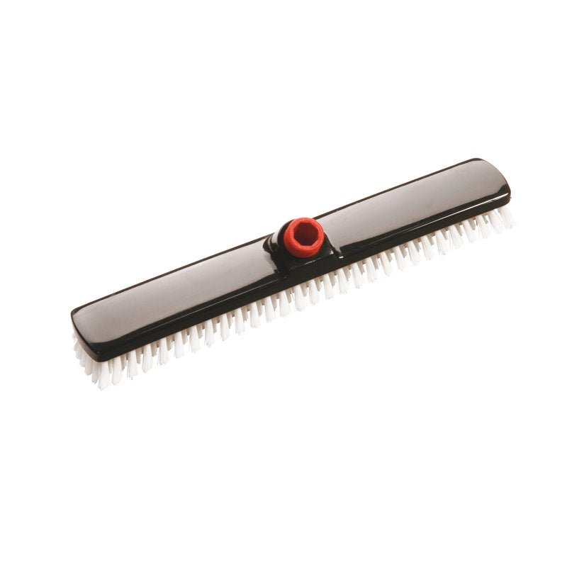 The IN-UP large area sweeper from Haug Bürsten KG with white, hard PP bristles (ø 0.35mm) and red angled handle attachment effectively cleans large areas. Dimensions: 400x60x25mm. Pictured against a white background.