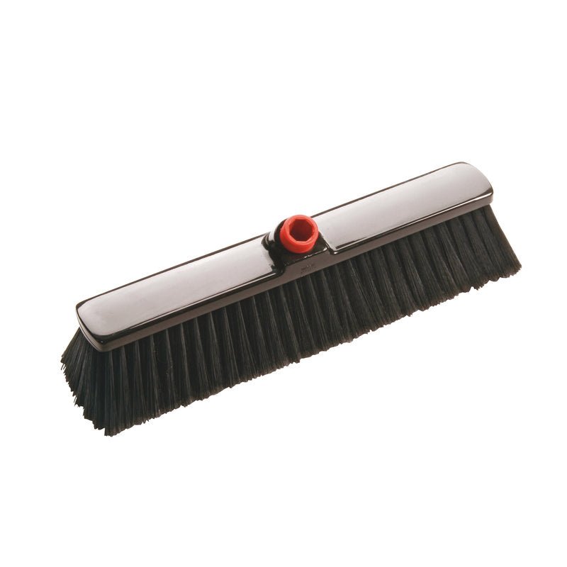 The IN-UP LARGE AREA BROOM from Haug Bürsten KG features soft, dense black polyester bristles (ø 0.27mm) and a red handle base. Size: 400x60x75mm. Ideal for industrial cleaning, depicted on a white background.