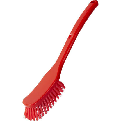 The UNIVERSAL BRUSH, WIDE, 295x40x23mm from Haug Bürsten KG is a red plastic cleaning brush with a long handle and angled bristles, ideal as a cleaning tool, depicted on a white background.