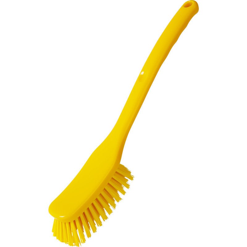 The Haug Bürsten KG UNIVERSAL BRUSH, WIDE (295x40x23mm) is a yellow plastic brush with a long handle and stiff bristles, perfect for cleaning floors. Depicted on a white background.