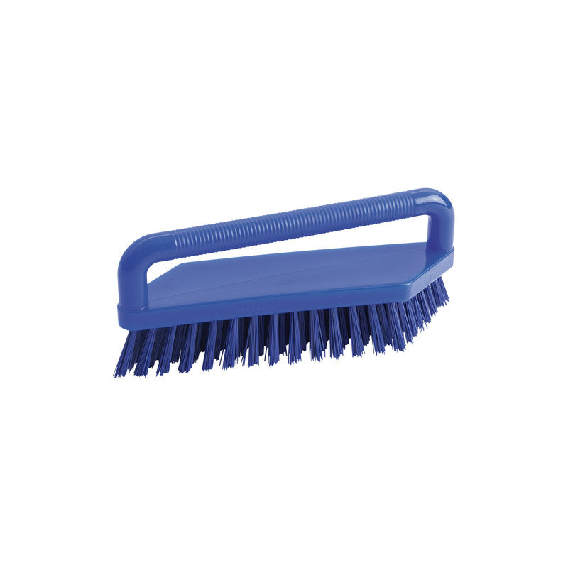 The Haug Bürsten KG SCRUBBING BRUSH, PBT HARD 180X48X22MM, is a blue industrial scrubbing brush with stiff bristles and a rectangular plastic handle, depicted against a white background.