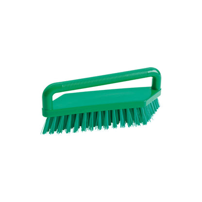 Depicted is a SCRUBBING BRUSH, PBT HARD 180X48X22MM from Haug Bürsten KG with stiff bristles and an integrated handle in green on a white background.